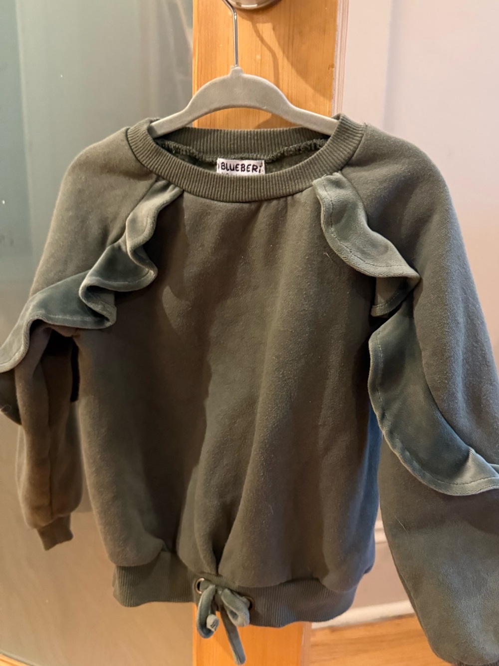 Blueberi Boulevard Olive Green Ruffle Tie-Hem Sweatshirt